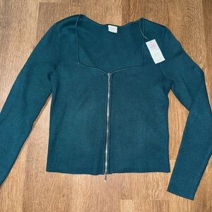 Abercrombie & Fitch Full Zip Knit Sweater Teal Square Neck Women's Large